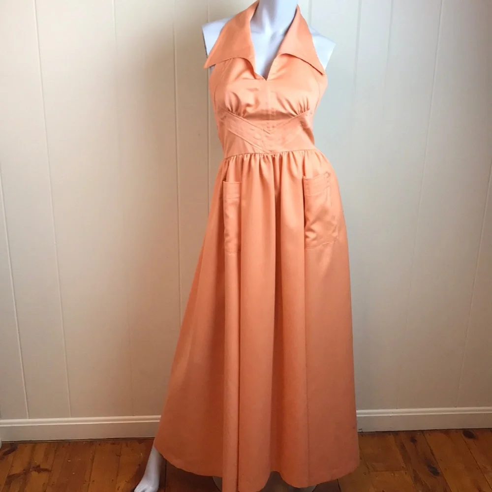 Vintage 60s/70s Orange Rockabilly Halter Dress - Picture 1 of 7